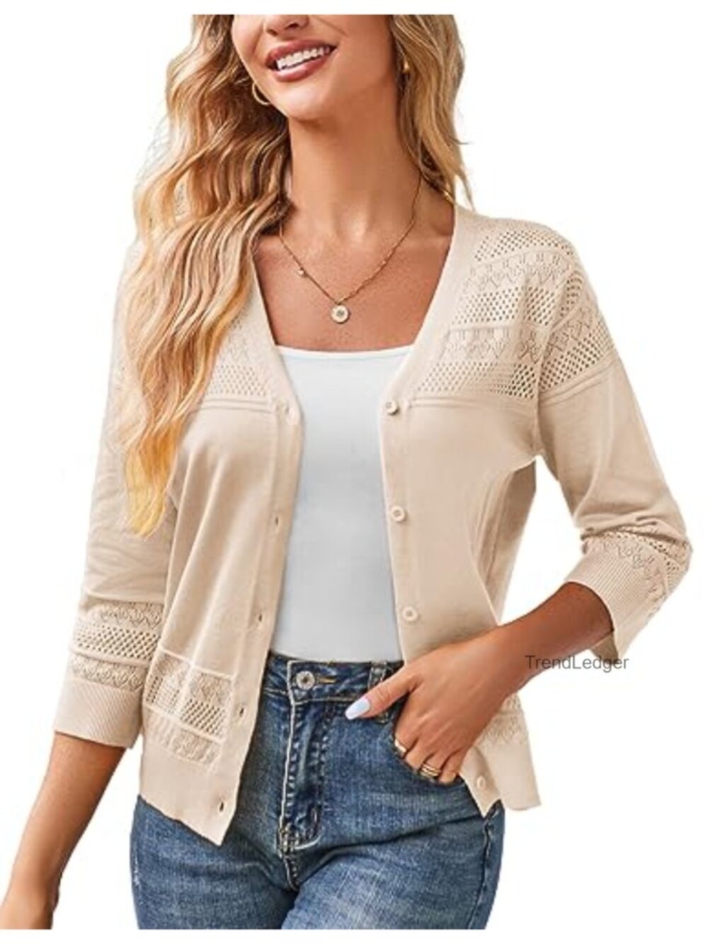 Cropped Cardigan Shrug Lightweight Crochet 3/4 Sleeve Button Knit Bolero